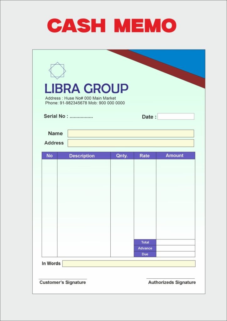 Cash Memo ( BIll  Book) cdr 2025 with font